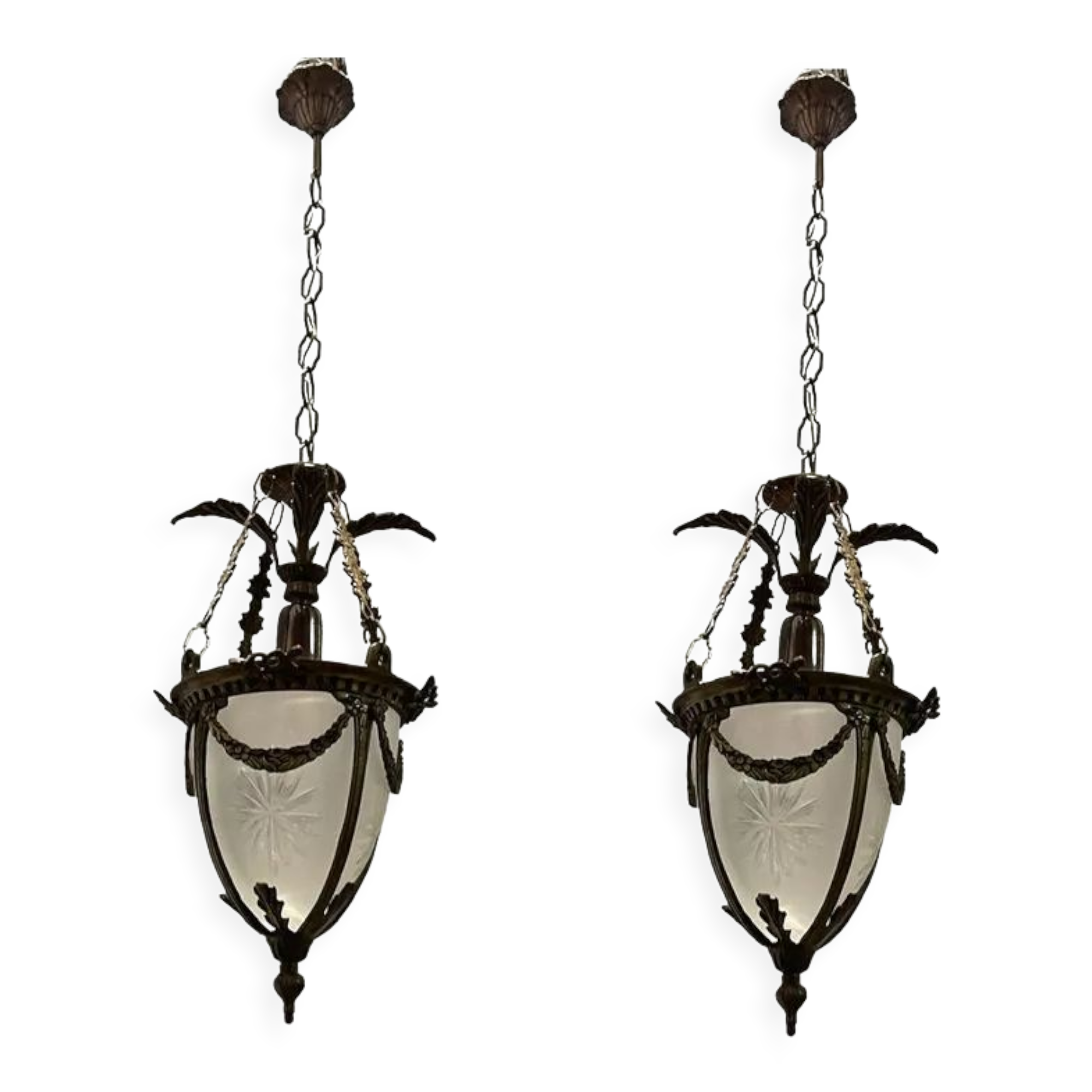 Bronze etched glass light pendants, 1970