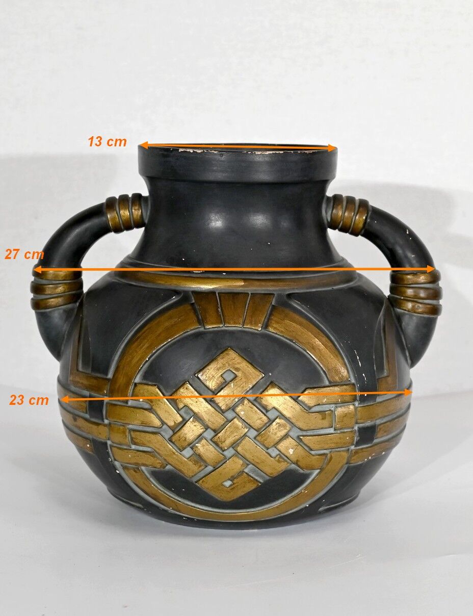 Terracotta vase anthracite and golden 1900
