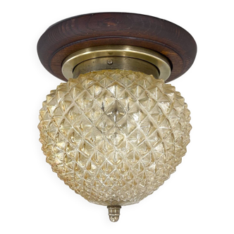 Mid-century wood & glass flush mount, 1960's