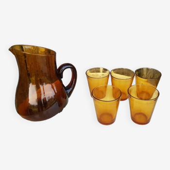 Ancien service a orangeade carafe verre soufflé  + 5 verres verico vintage #a680