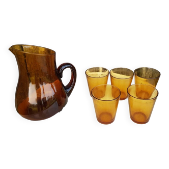 Old orangeade service blown glass carafe + 5 vintage verico glasses #a680