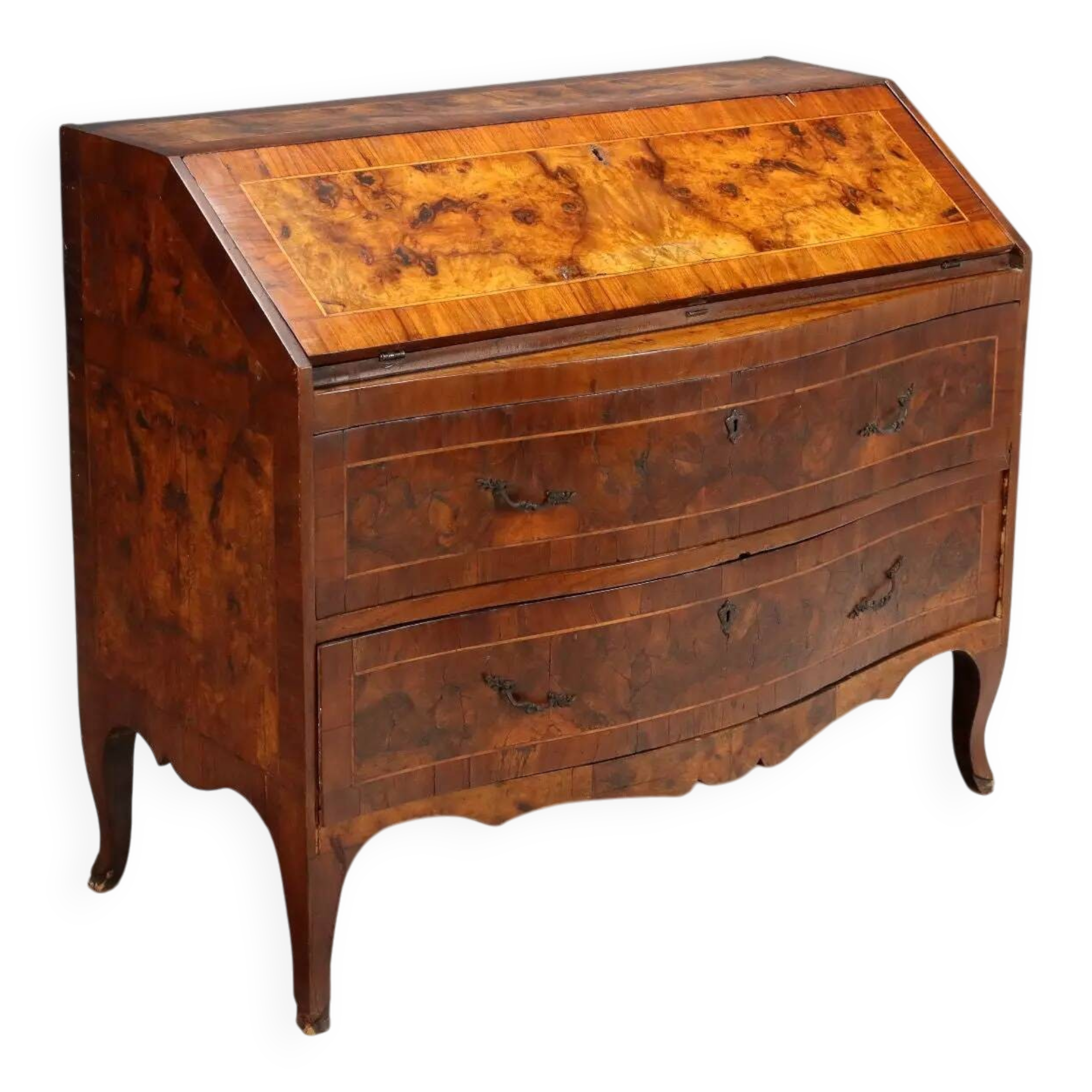 18th-century baroque secretary with a drop-down front in walnut and poplar.
