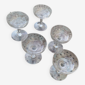5 vintage transparent glass champagne glasses