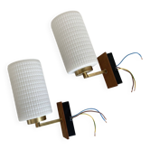 Pair of brass and wood wall lights with white molded glass tulips, 1950s