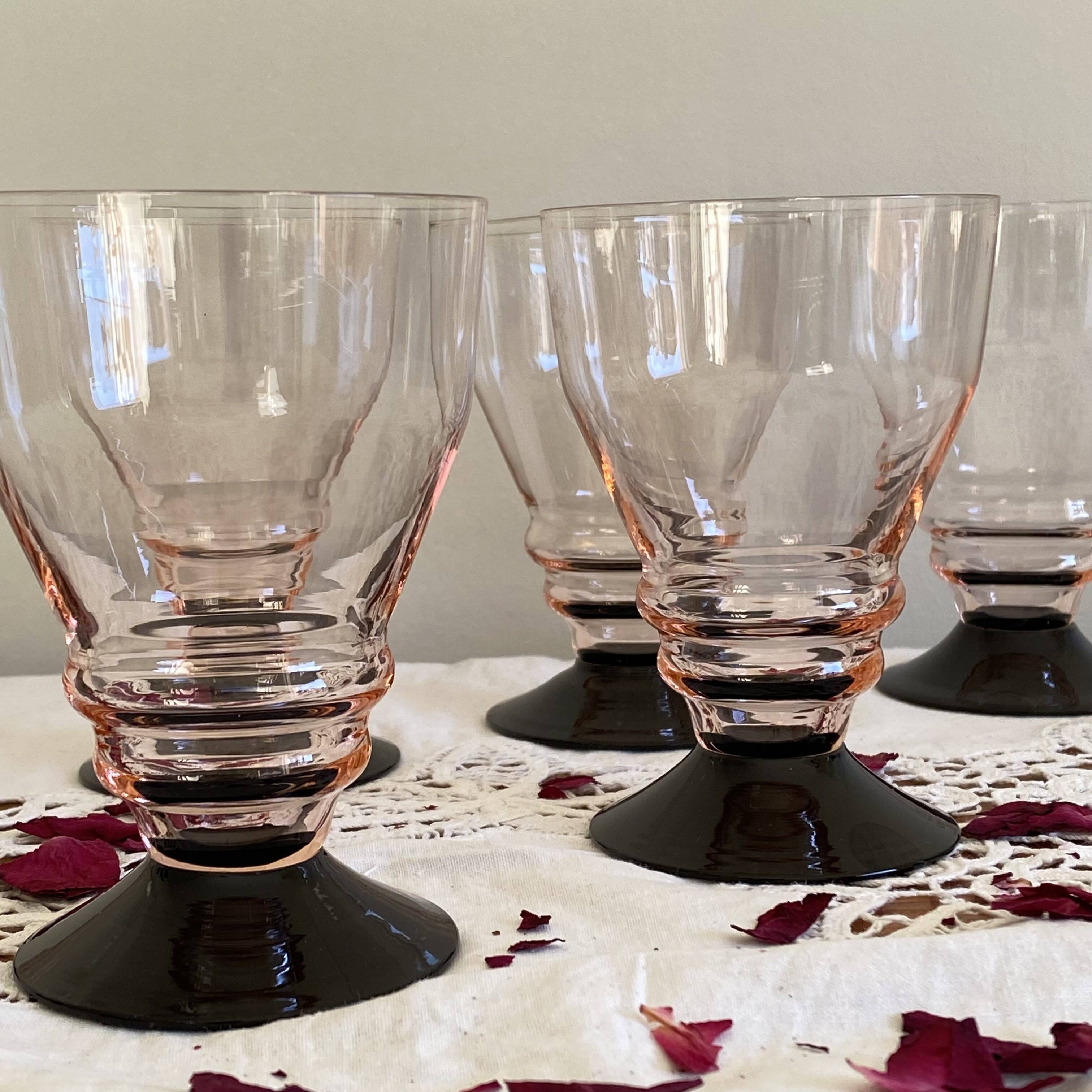 6 large pink art deco wine or water glasses with black stem