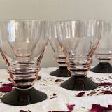 6 large pink art deco wine or water glasses with black stem