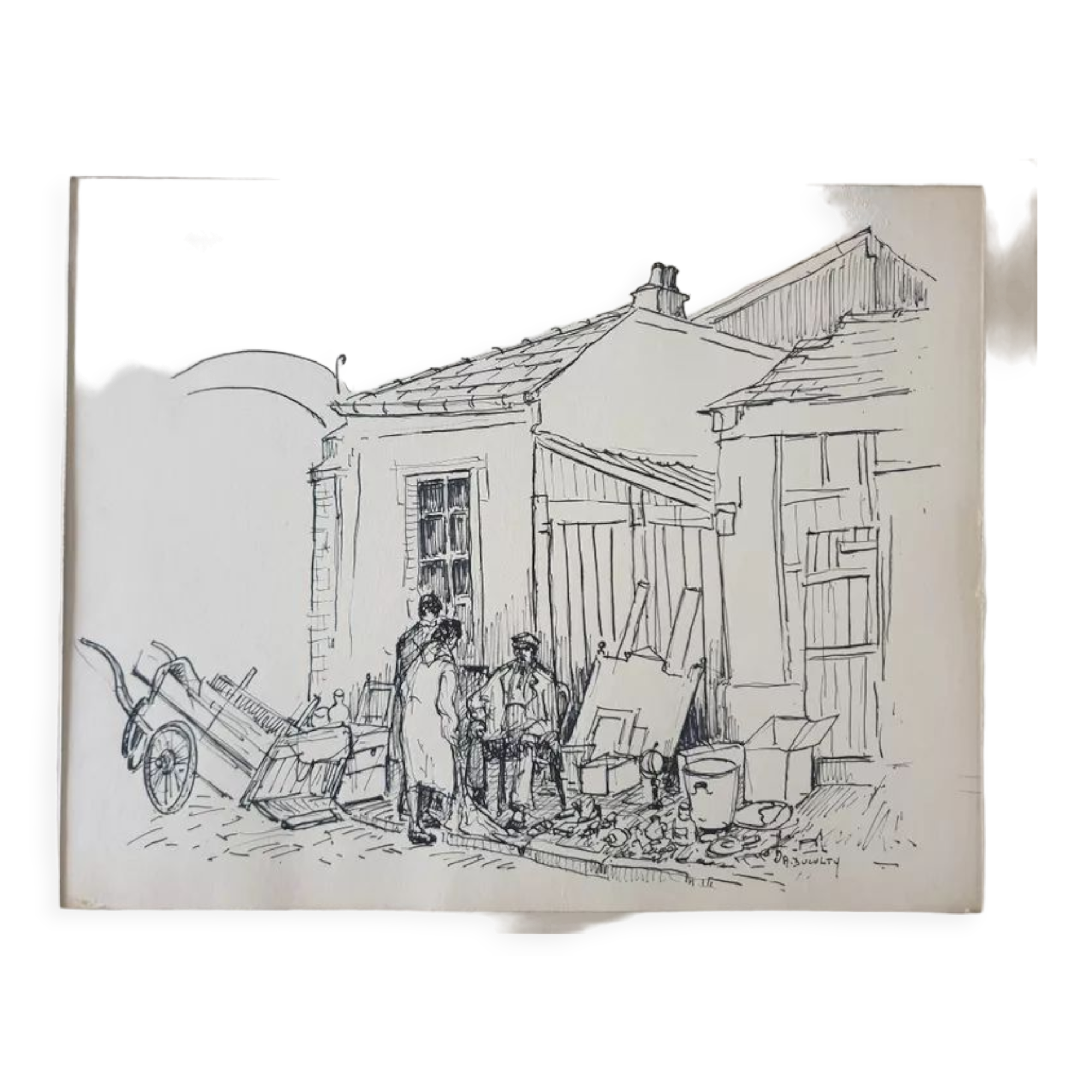 André Duculty (1912-1990) India ink on paper "The unpacking of the second-hand dealer" Signed below