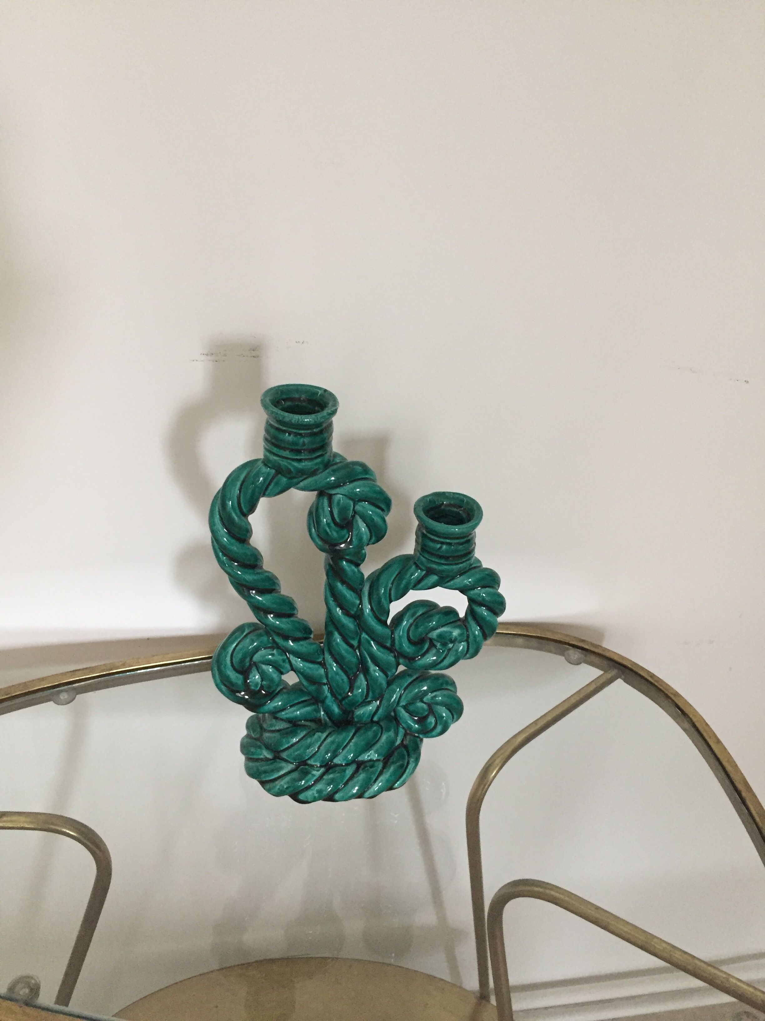 Double candlestick in green twisted ceramic vintage 50s