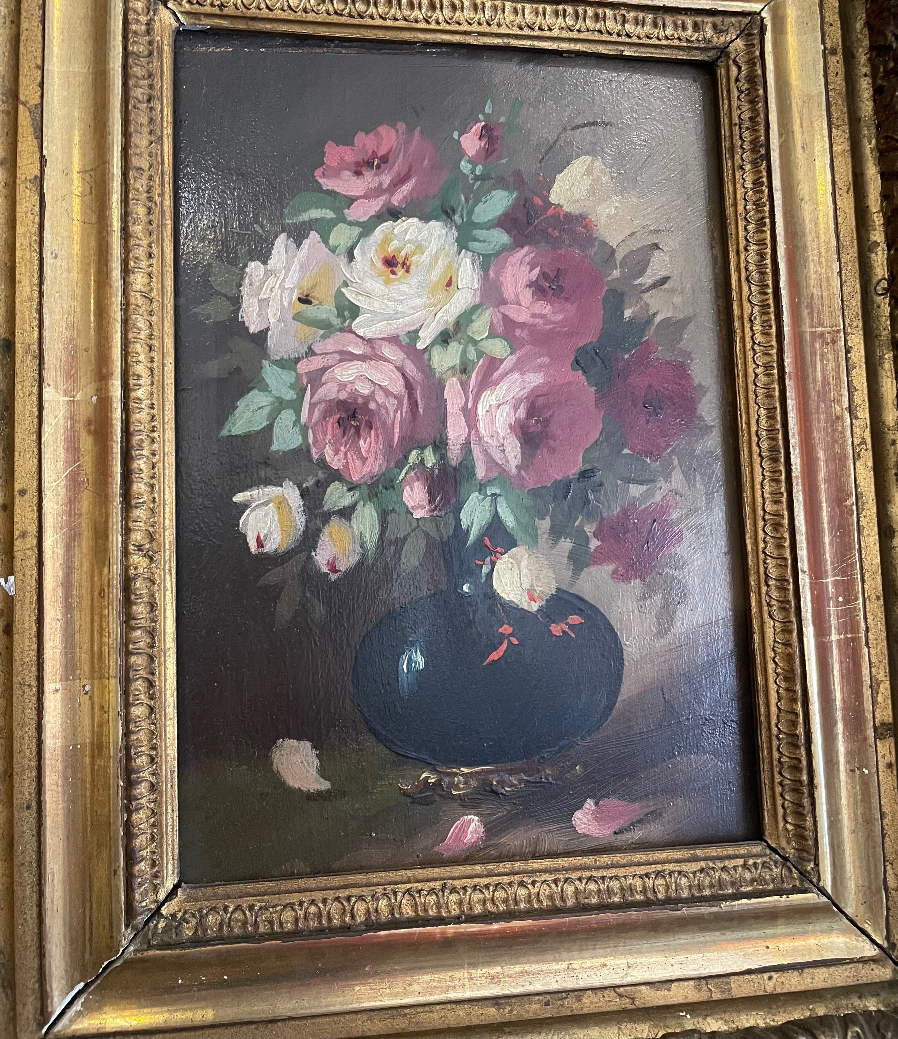 Golden framed flower bouquet painting