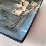 Square turquoise glazed stoneware dish, abstract floral decoration, signed.