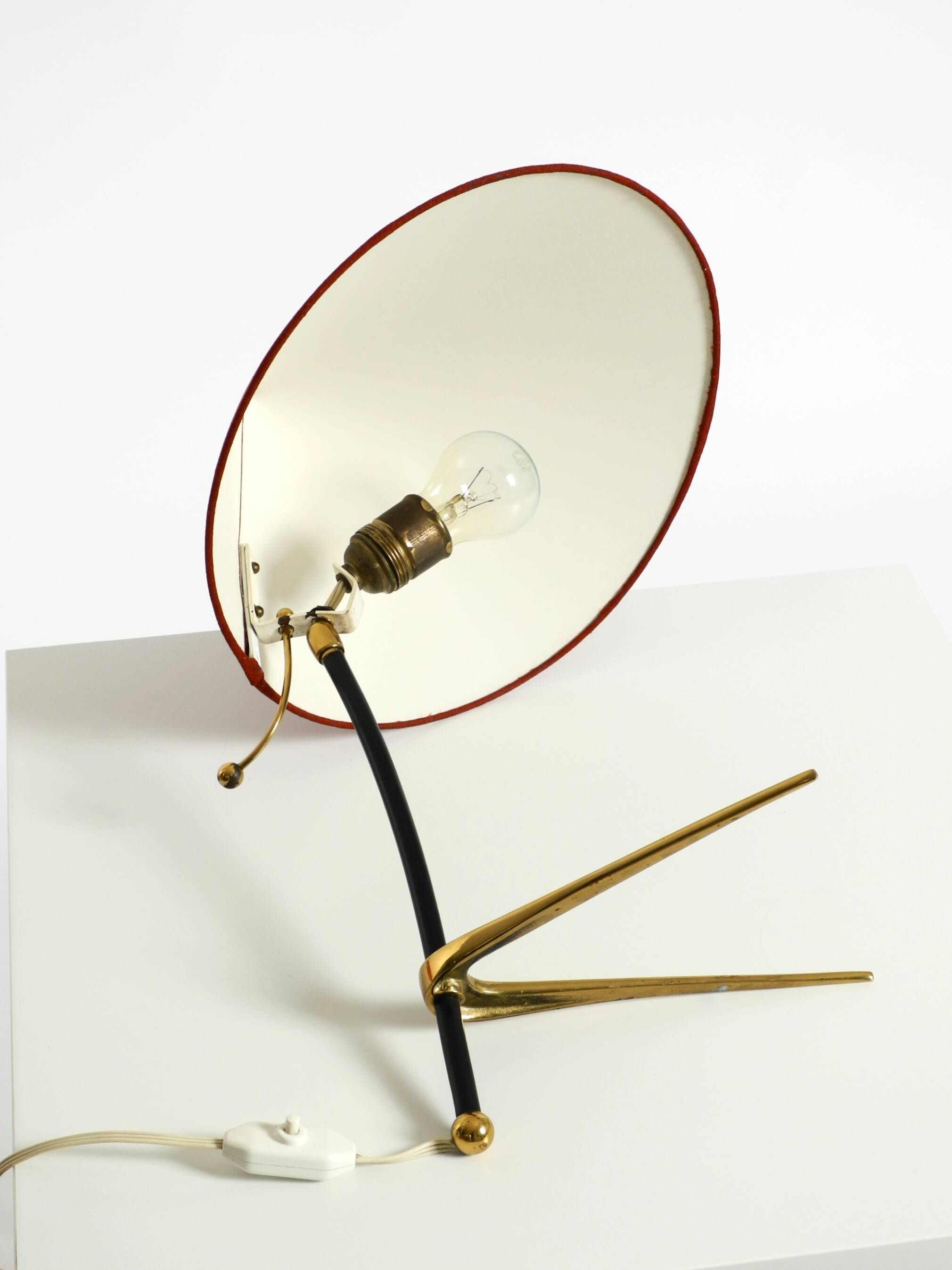 Large Kalmar Mid-Century tripod brass table lamp with a new fabric shade