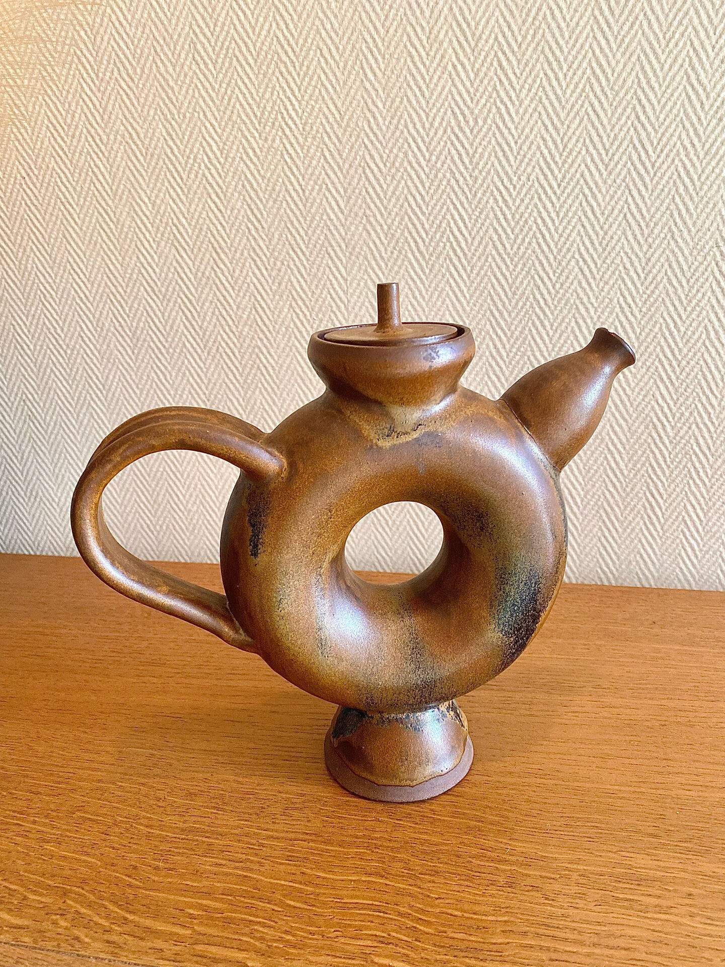 Glazed stoneware sculptural teapot signed
