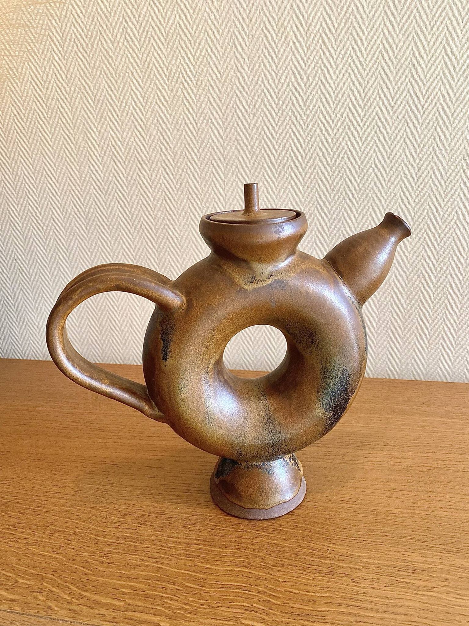 Glazed stoneware sculptural teapot signed
