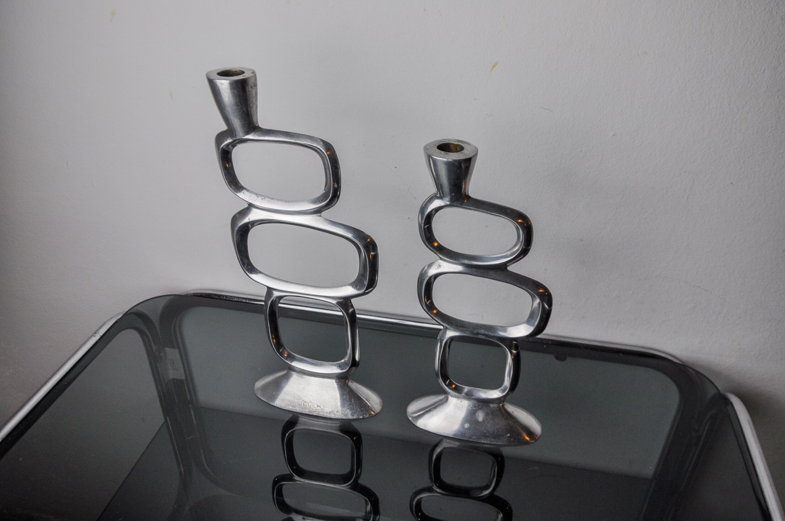 Pair of circle candlesticks by Matthew Hilton, England, 1980