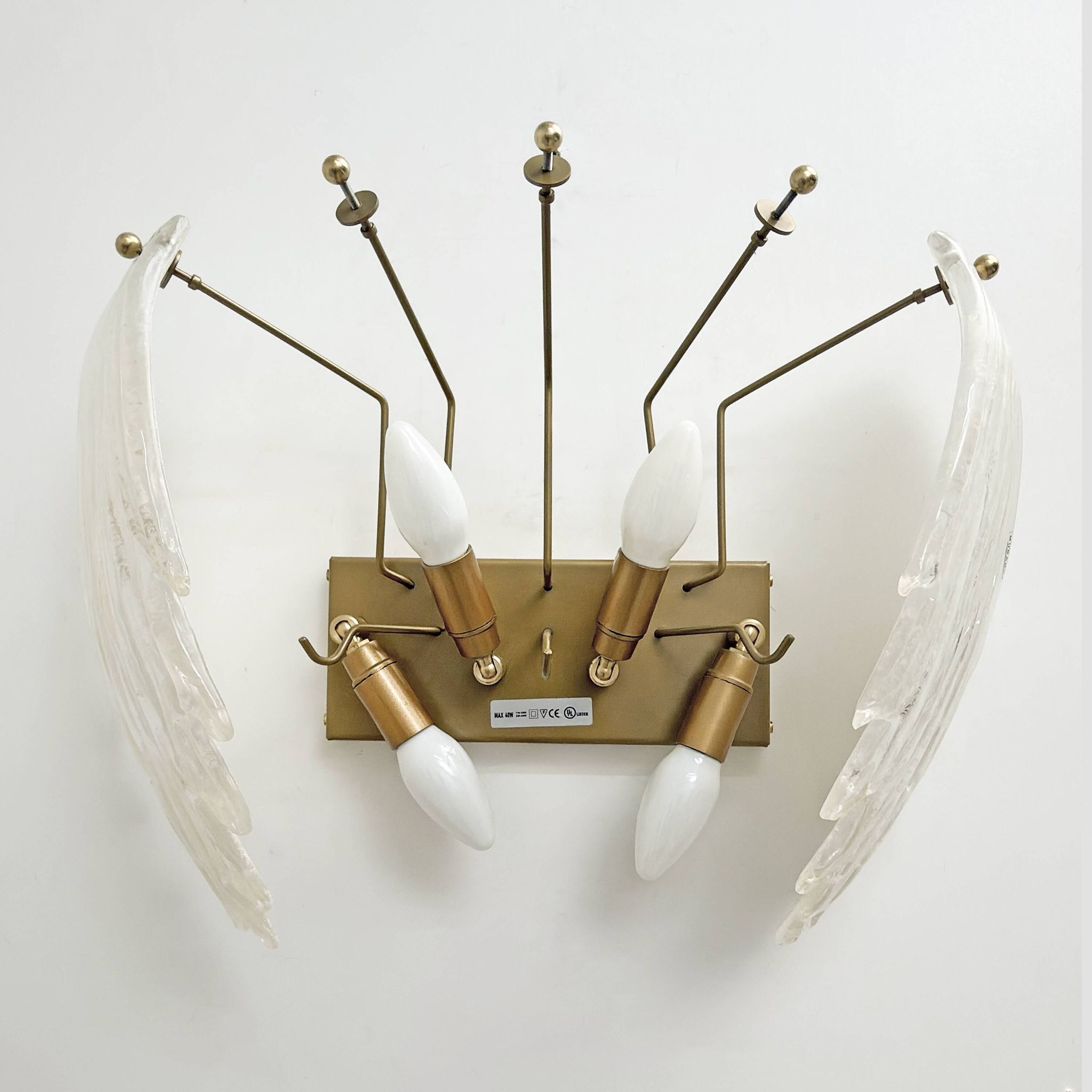 Italian Art Deco Style Murano Glass and Brass Leaf Wall Sconces, Pair
