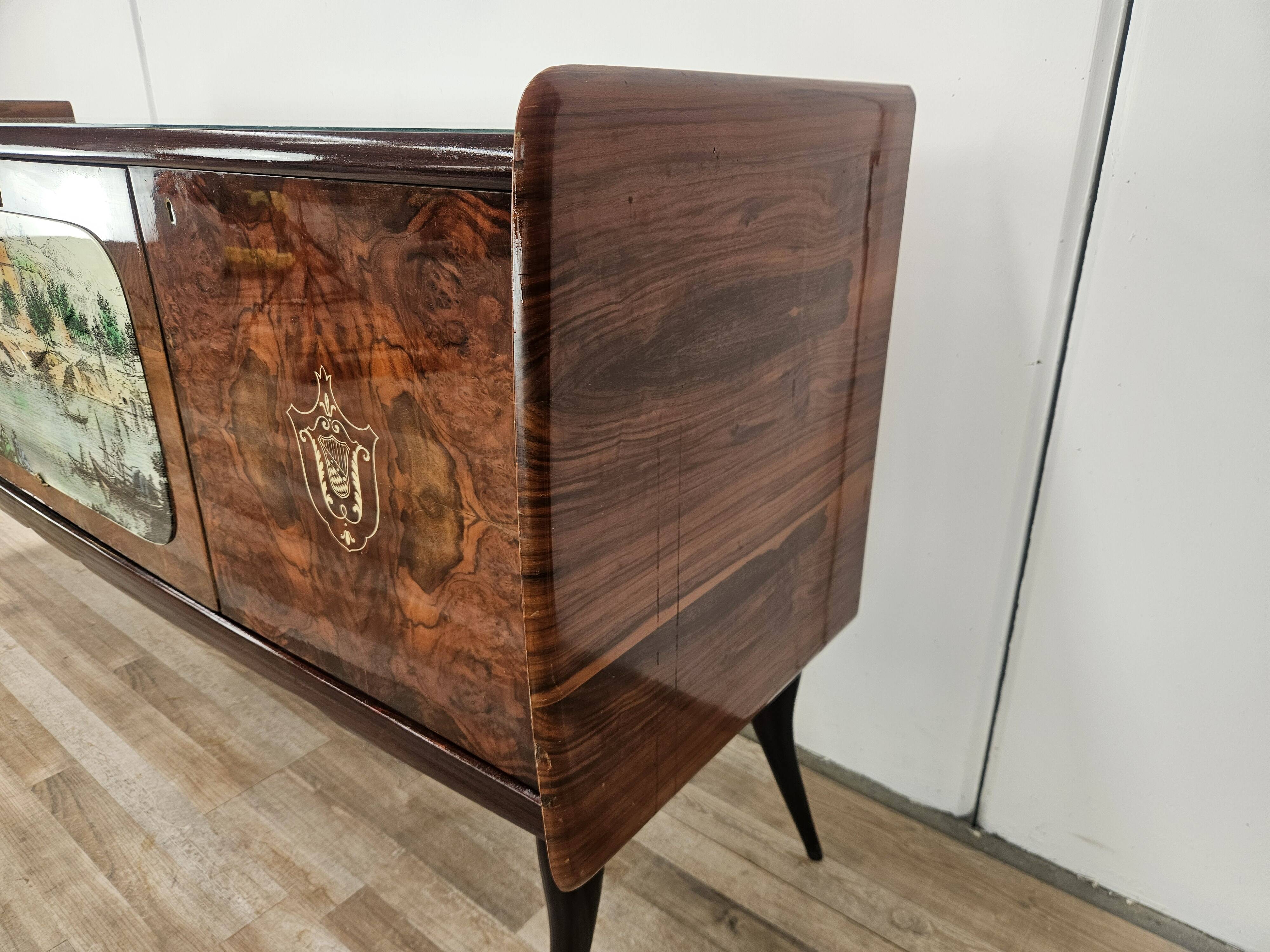 Mid-century mahogany sideboard '50s with glass top and central bar