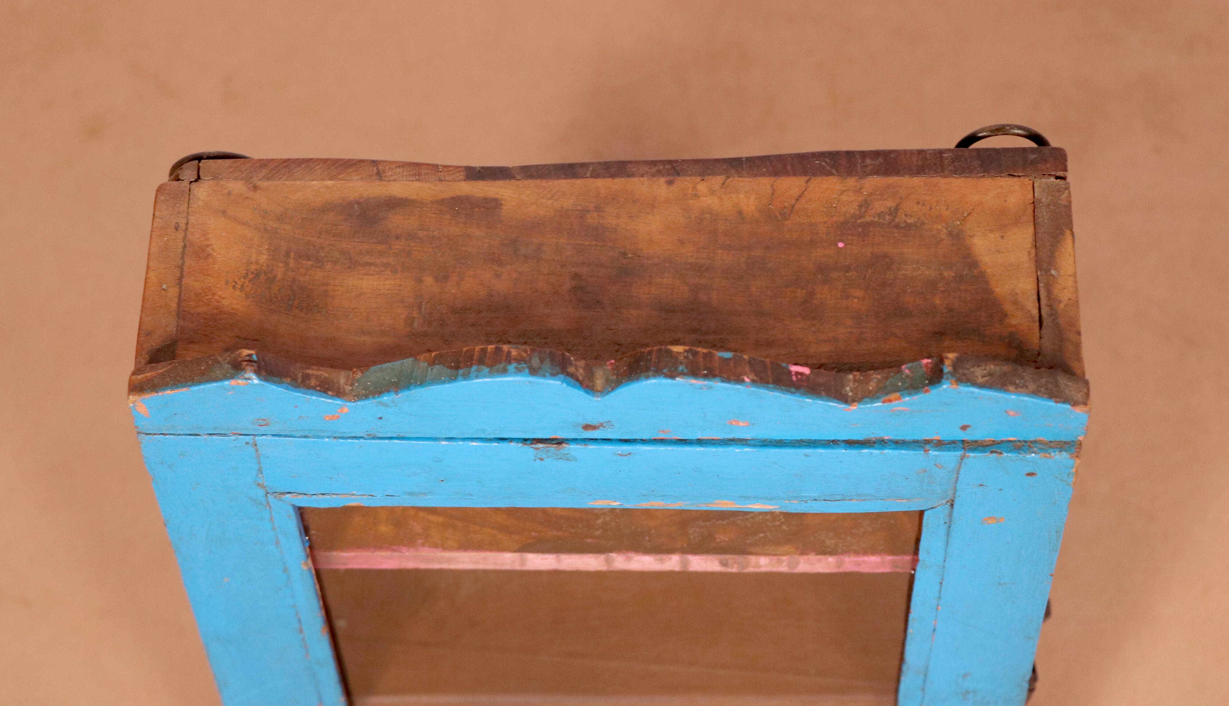 Old art deco wall display case in original blue teak burmese patina