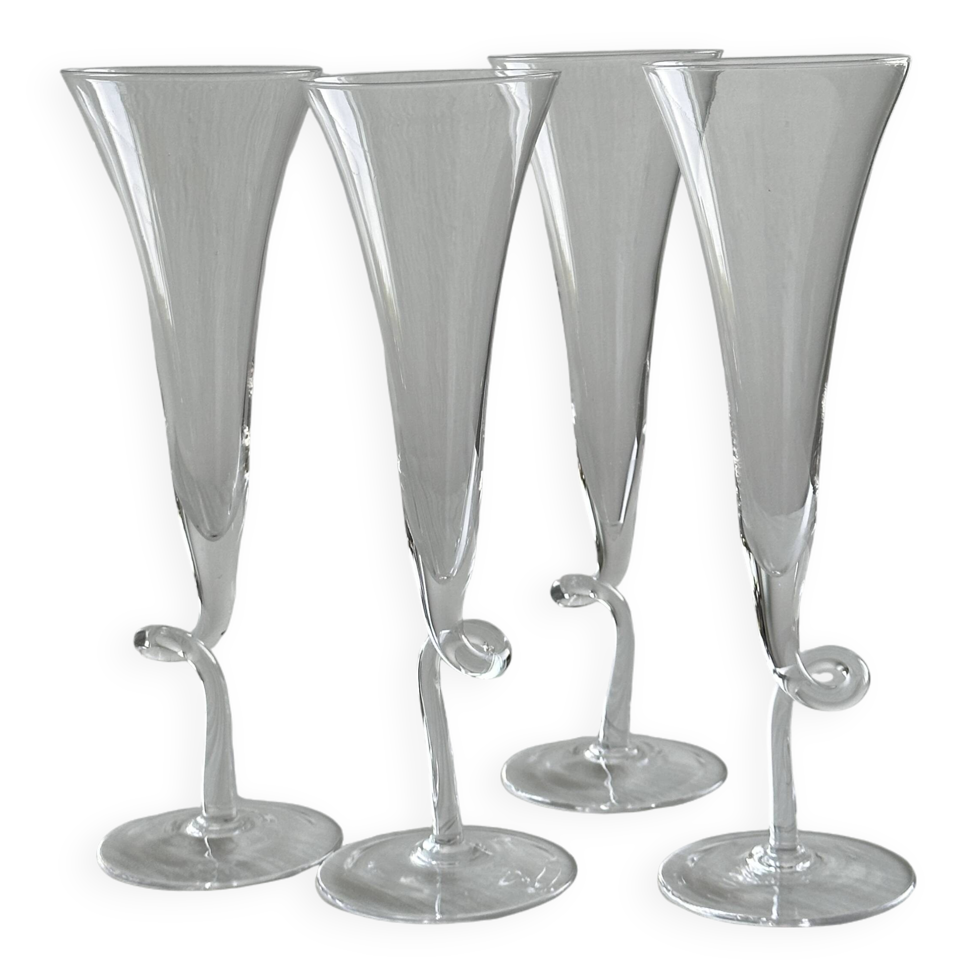 4 blown glass champagne flutes with twisted stem