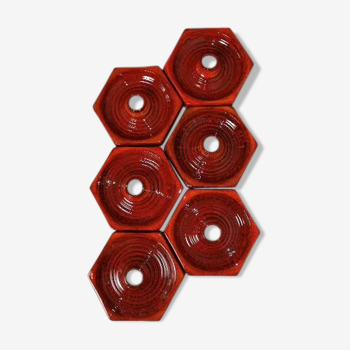 Lot of 6 hexagonal appliques in glazed ceramic