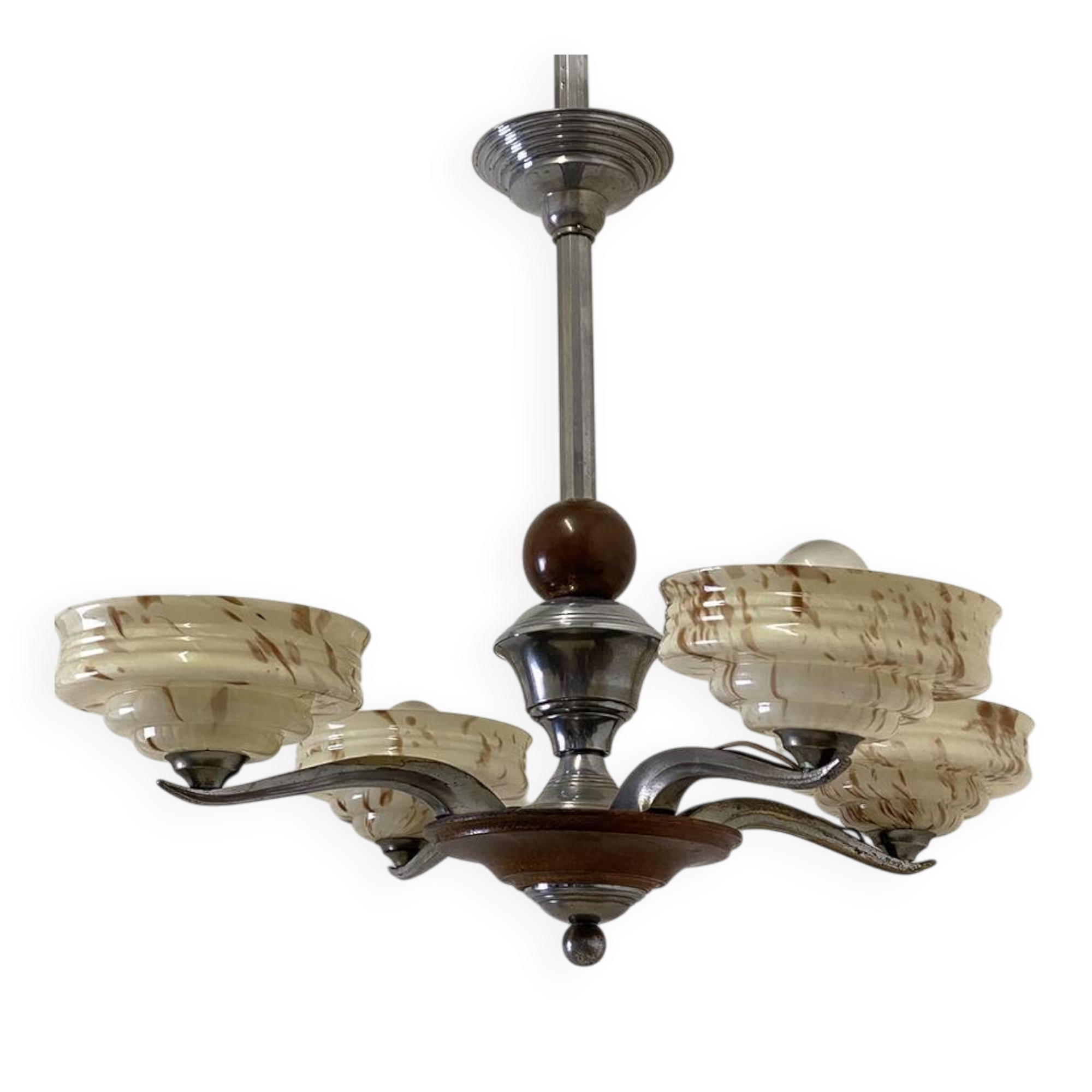 Art Deco chandelier in wood, chrome metal, and glass.