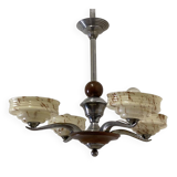 Art Deco chandelier in wood, chrome metal, and glass.