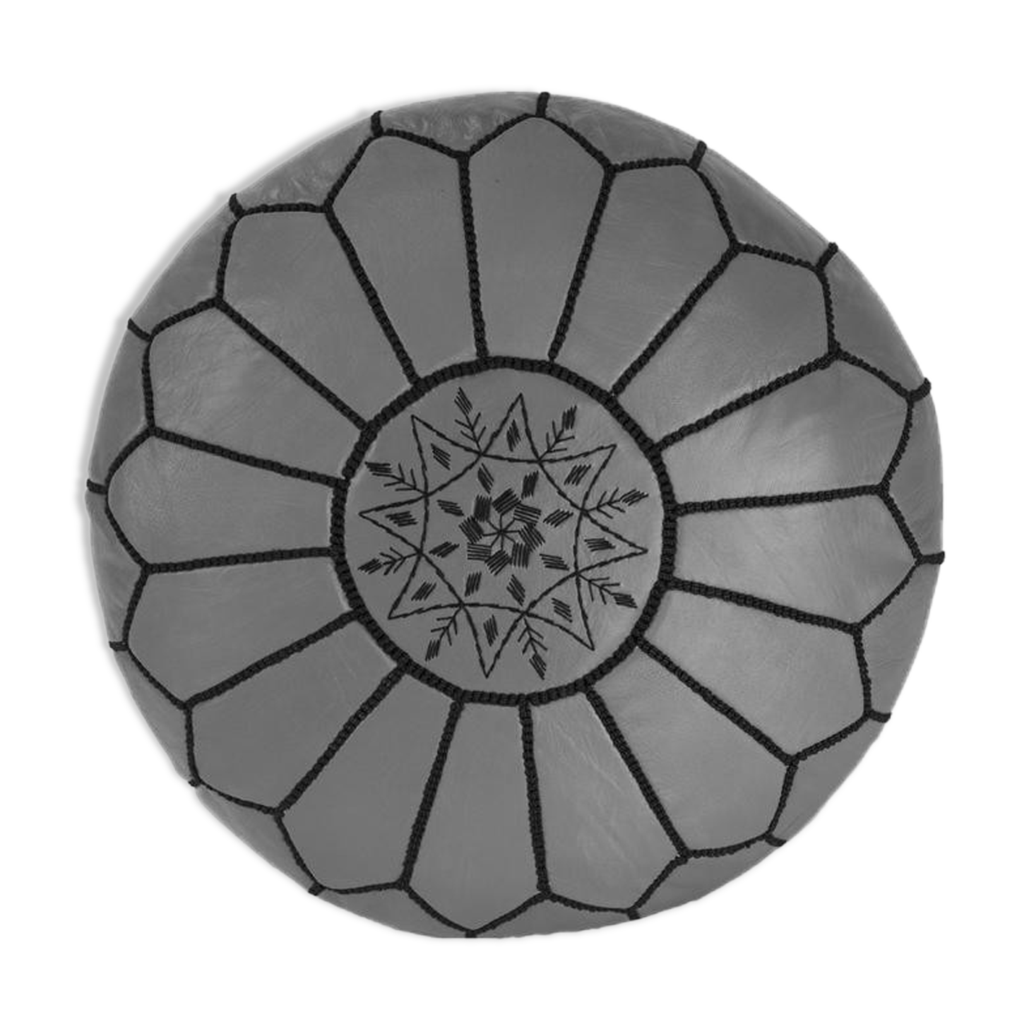 Grey leather pouf - handmade Morocco D 53cm x H 32cm