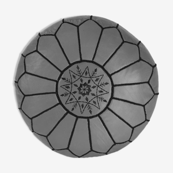 Grey leather pouf - handmade Morocco D 53cm x H 32cm