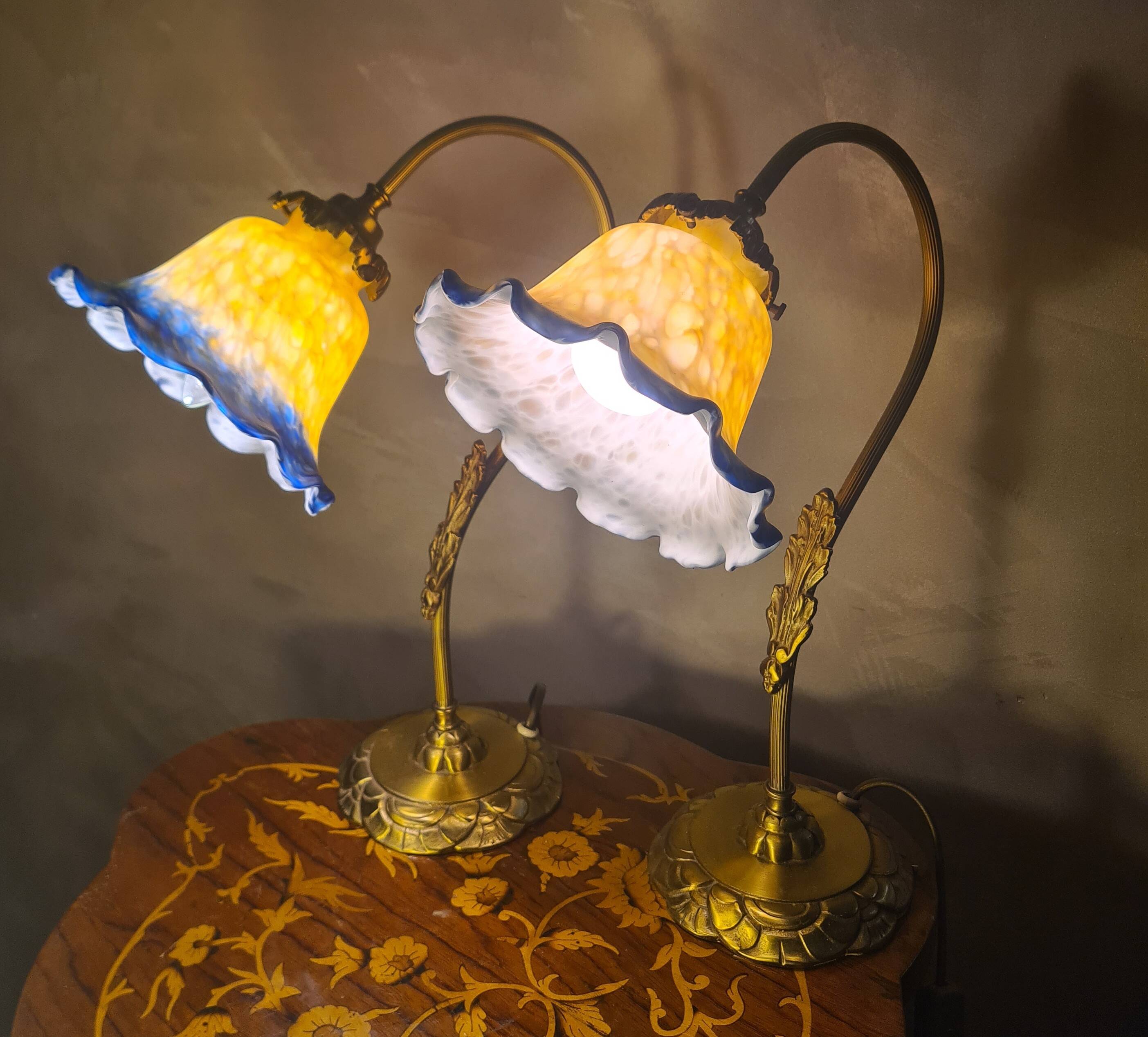 pair of brass bedside lamps 40x32 glass paste lampshade electric 1970s