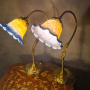 pair of brass bedside lamps 40x32 glass paste lampshade electric 1970s