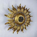 Spanish sunburst ceiling light fixture or sconce in gilt wrought iron, circa 1950s