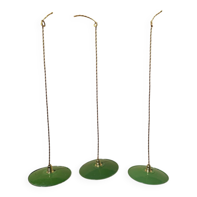 Trio suspension abat jour vintage tôle émaillée verte et blanche