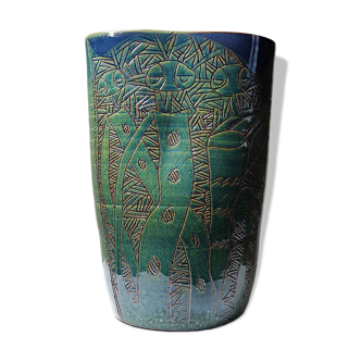 Vintage blue-green handcrafted pottery vase with incised tribal design by Eseka Pottery