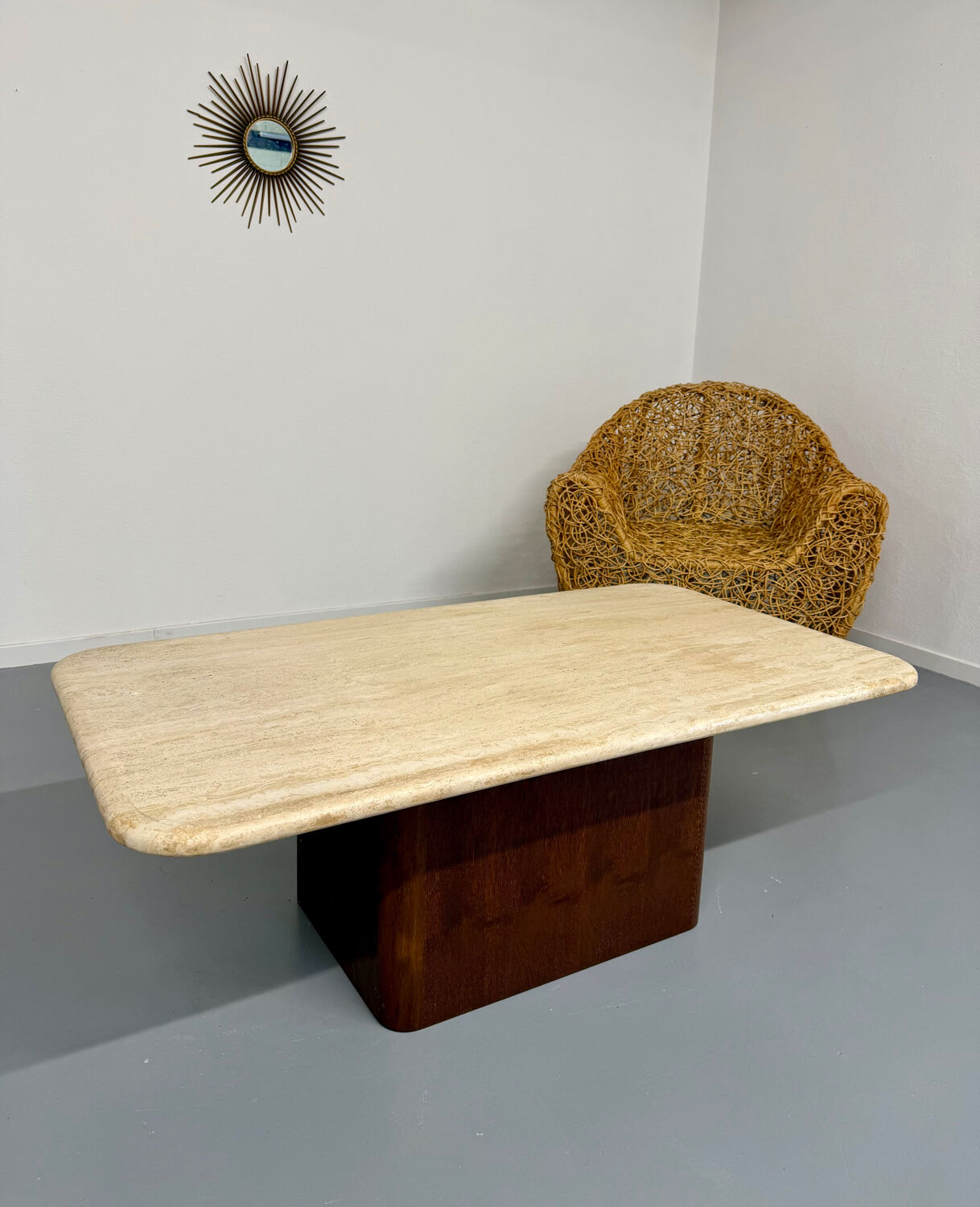 Travertine coffee table with wooden legs, Italian design from the 1970s, vintage.