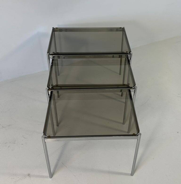 Italian Midcentury Set of Three Chromed Metal Glass Stackable Tray Tables,