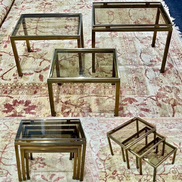 Suite de 3 tables gigognes en laiton par Guy Lefevre pour la Maison Jansen