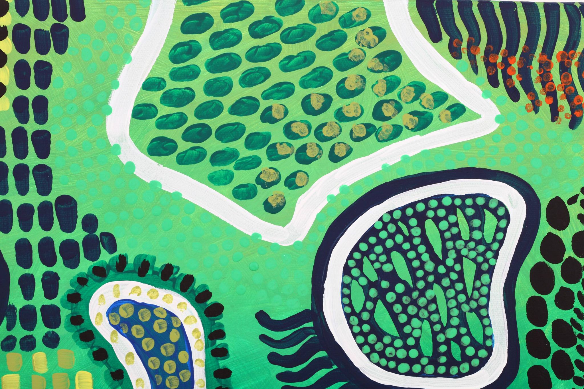 Peinture abstraite moderne verte, jaune, bleue et blanche avec techniques mixtes
