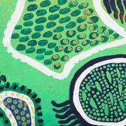 Peinture abstraite moderne verte, jaune, bleue et blanche avec techniques mixtes