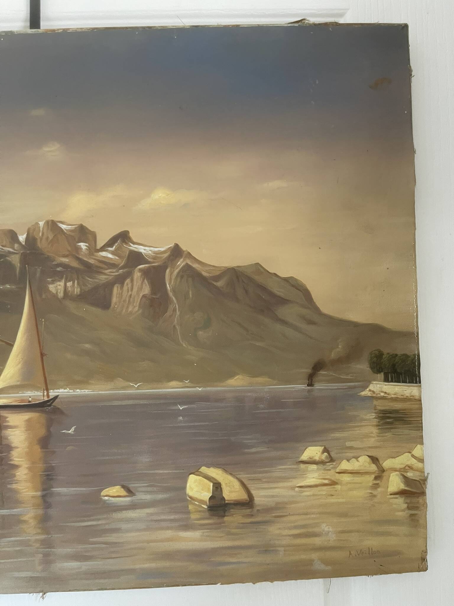 Tableau Peinture Huile Toile Paysage Montagne Lac Suisse Signé Veillon