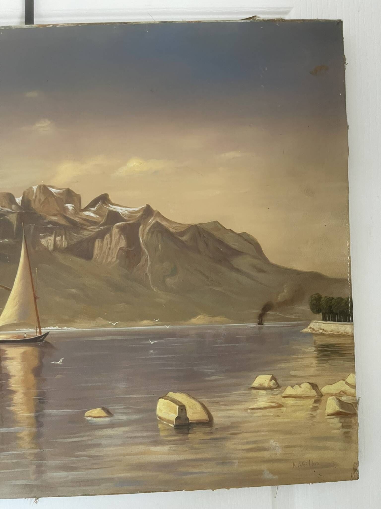 Oil Painting Canvas Landscape Mountain Lake Switzerland Signed Veillon
