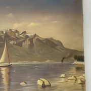 Oil Painting Canvas Landscape Mountain Lake Switzerland Signed Veillon