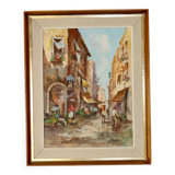 Mid-century oil on canvas painting" city street scene  " by moriani --vintage & framed