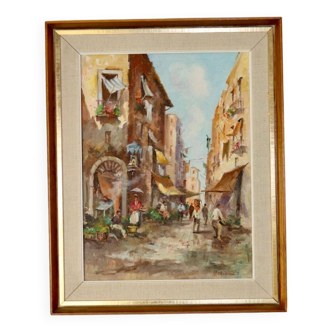 Mid-century oil on canvas painting" city street scene  " by moriani --vintage & framed