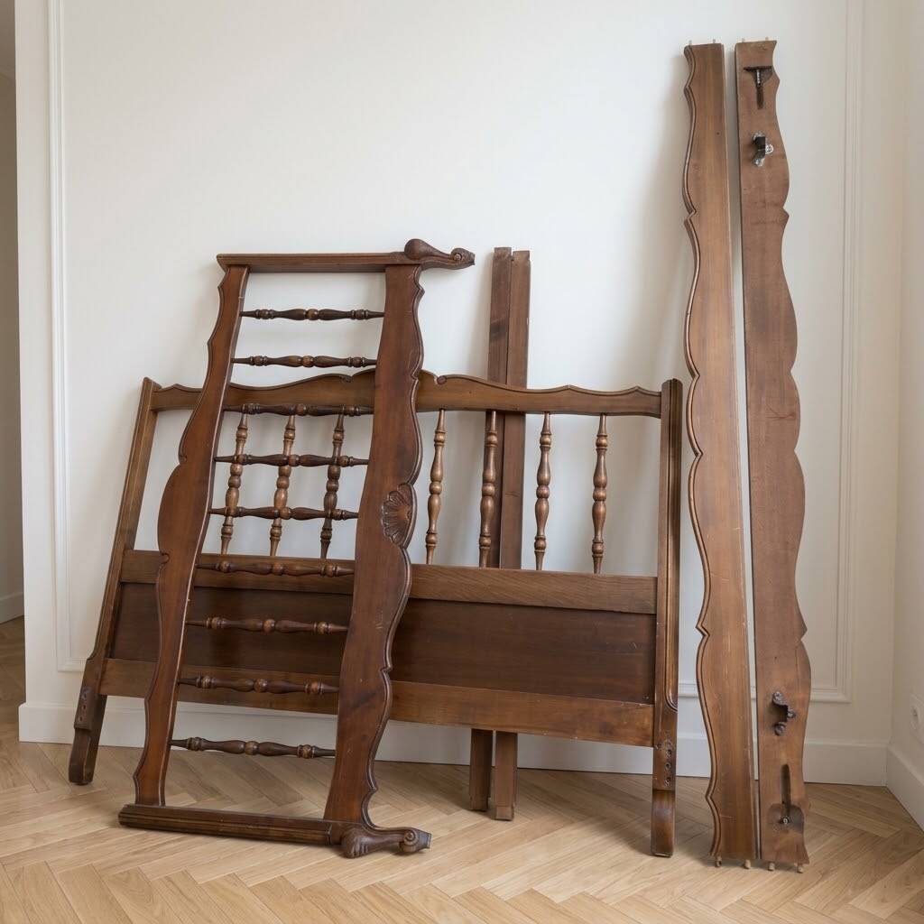 Double bed frame in antique Louis XV style made of solid wood.