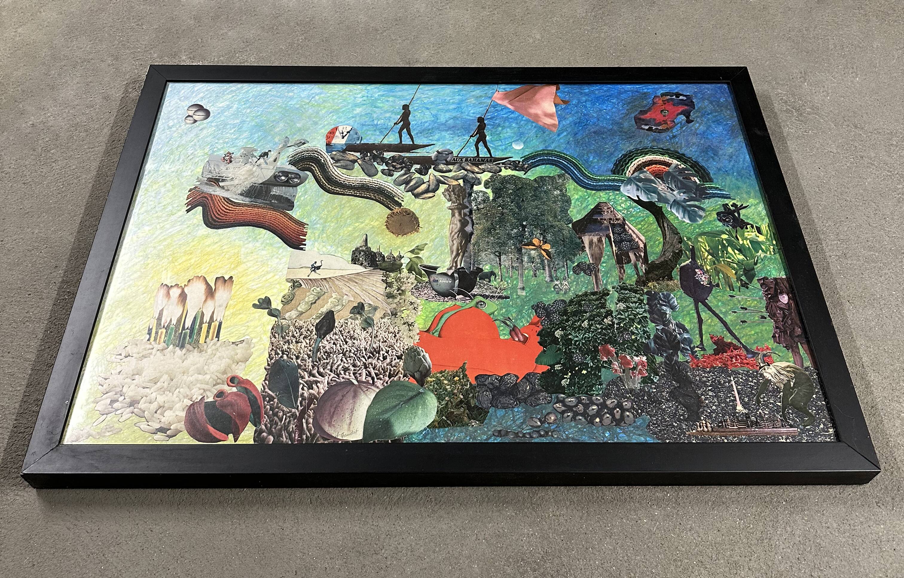Very large surrealist collage framed by Alain Gaudet 1979