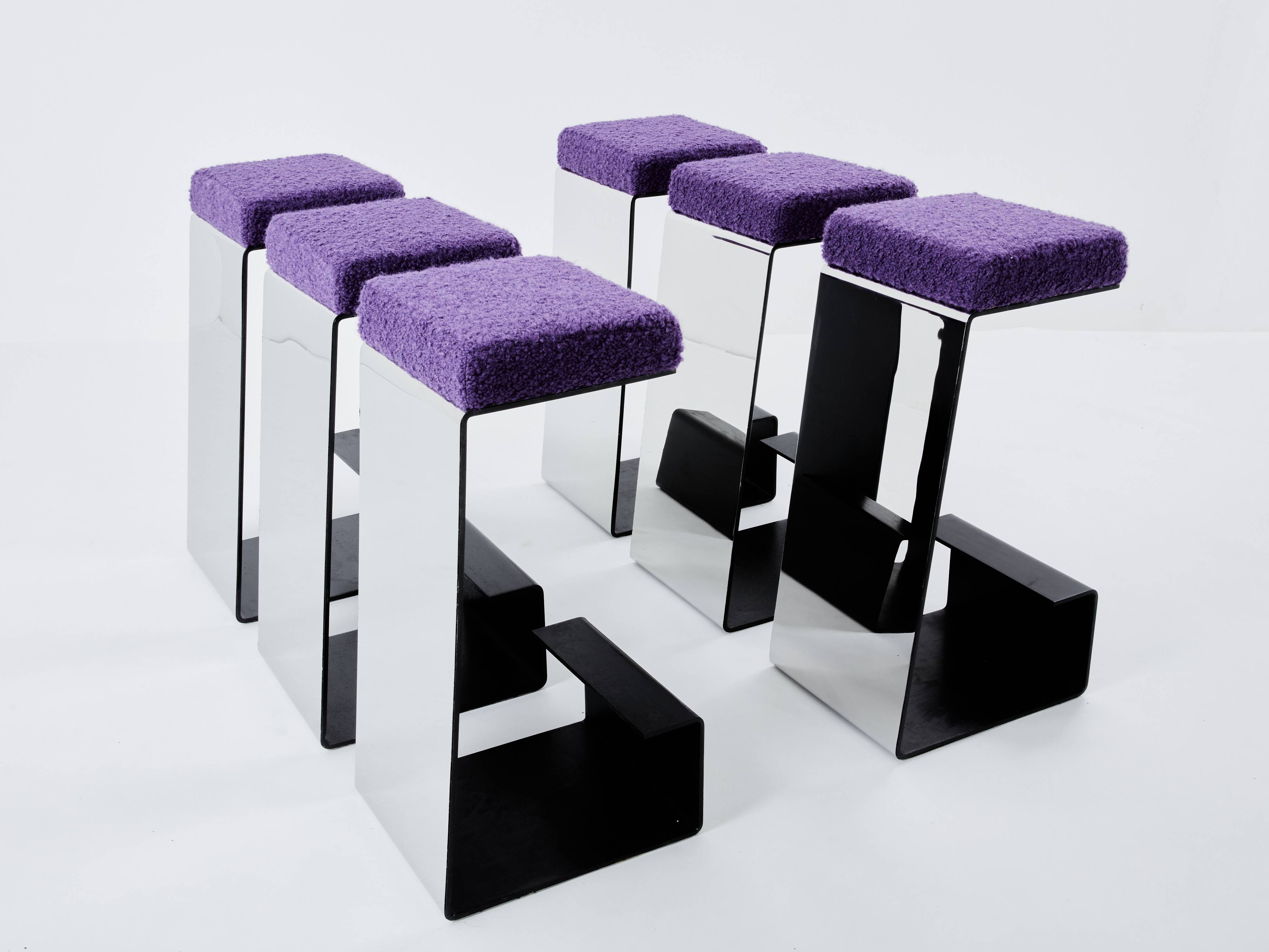 Set of 6 wrought iron bar stools polished steel curly wool 1970