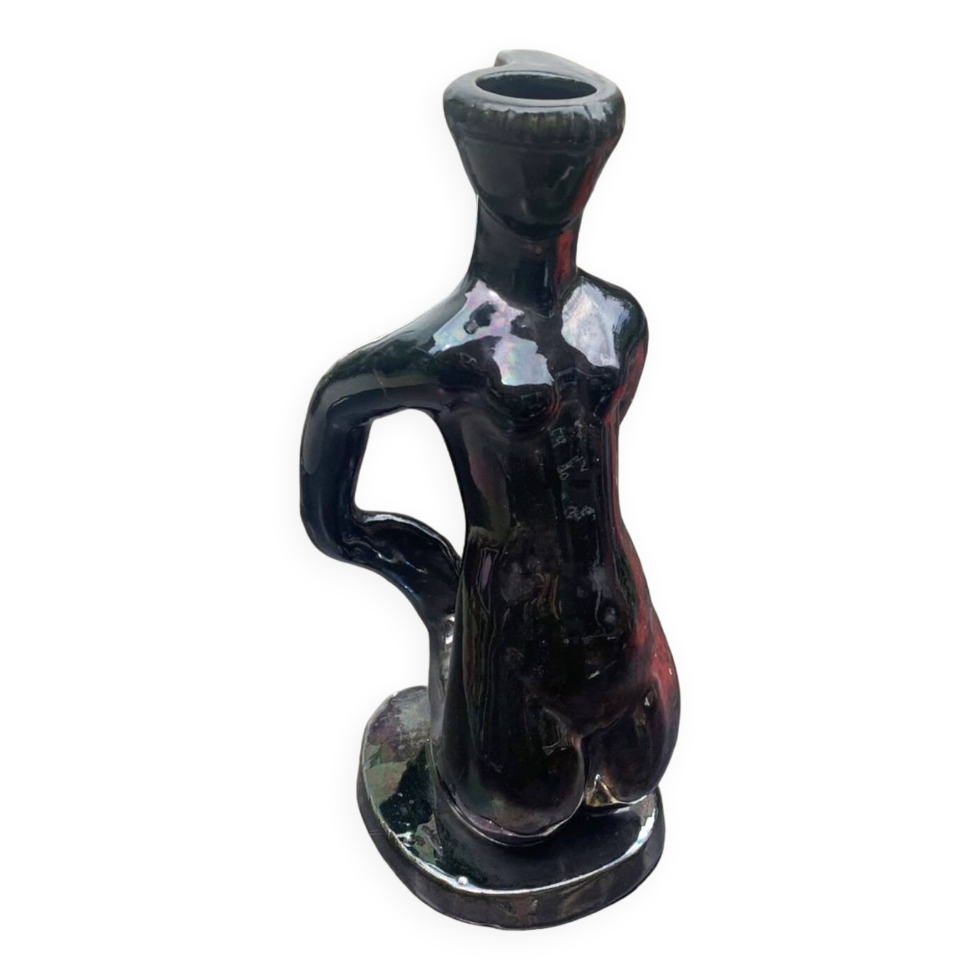 Old Vallauris soliflore vase in pearly black ceramic - female body
