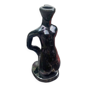 Old Vallauris soliflore vase in pearly black ceramic - female body