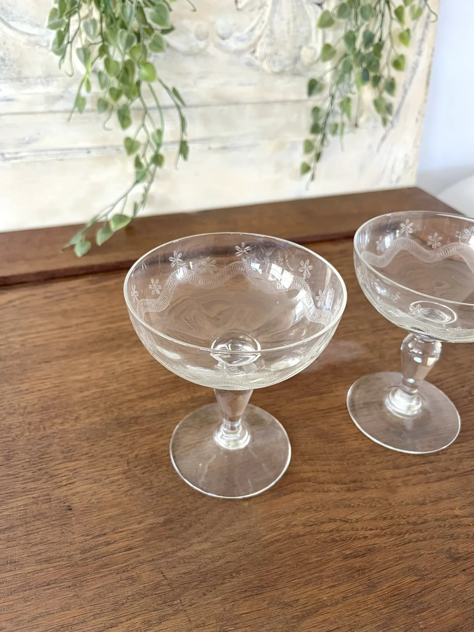 Champagne glasses coupe glasses set of 2 etched floral design crystal
