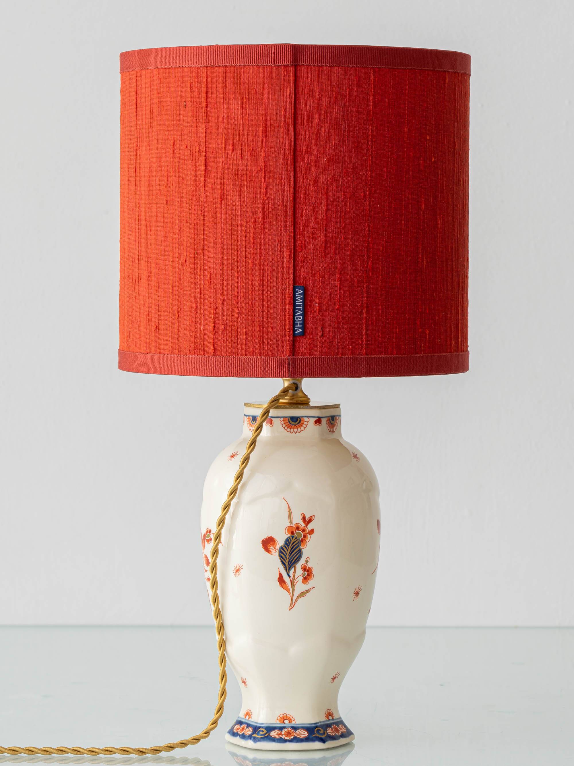 Pair of "Pijnacker" Imari Style Table Lamps from Royal Delft, Hand-Painted with Silk Shades