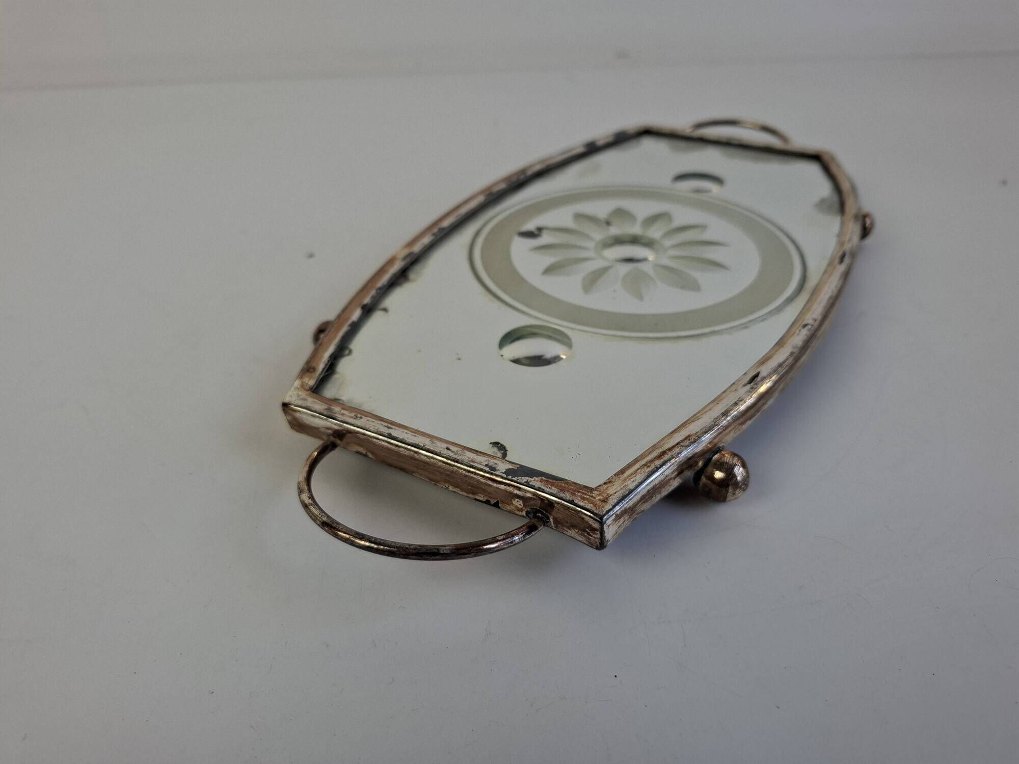 Vintage Art Deco Mirrored Glass Serving Tray with Floral Motif